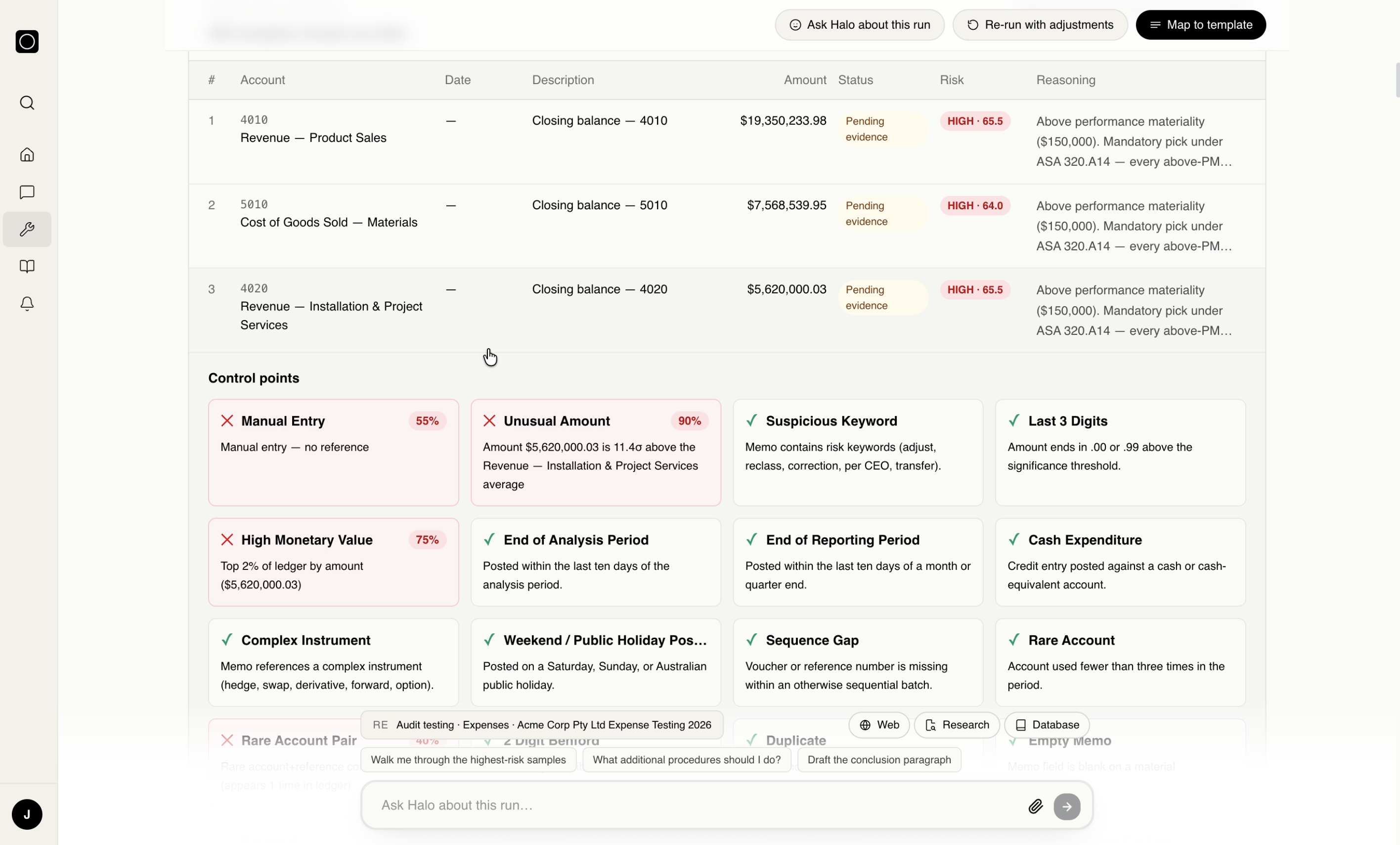 Halo audit testing run showing selected samples, risk scores, and triggered control points