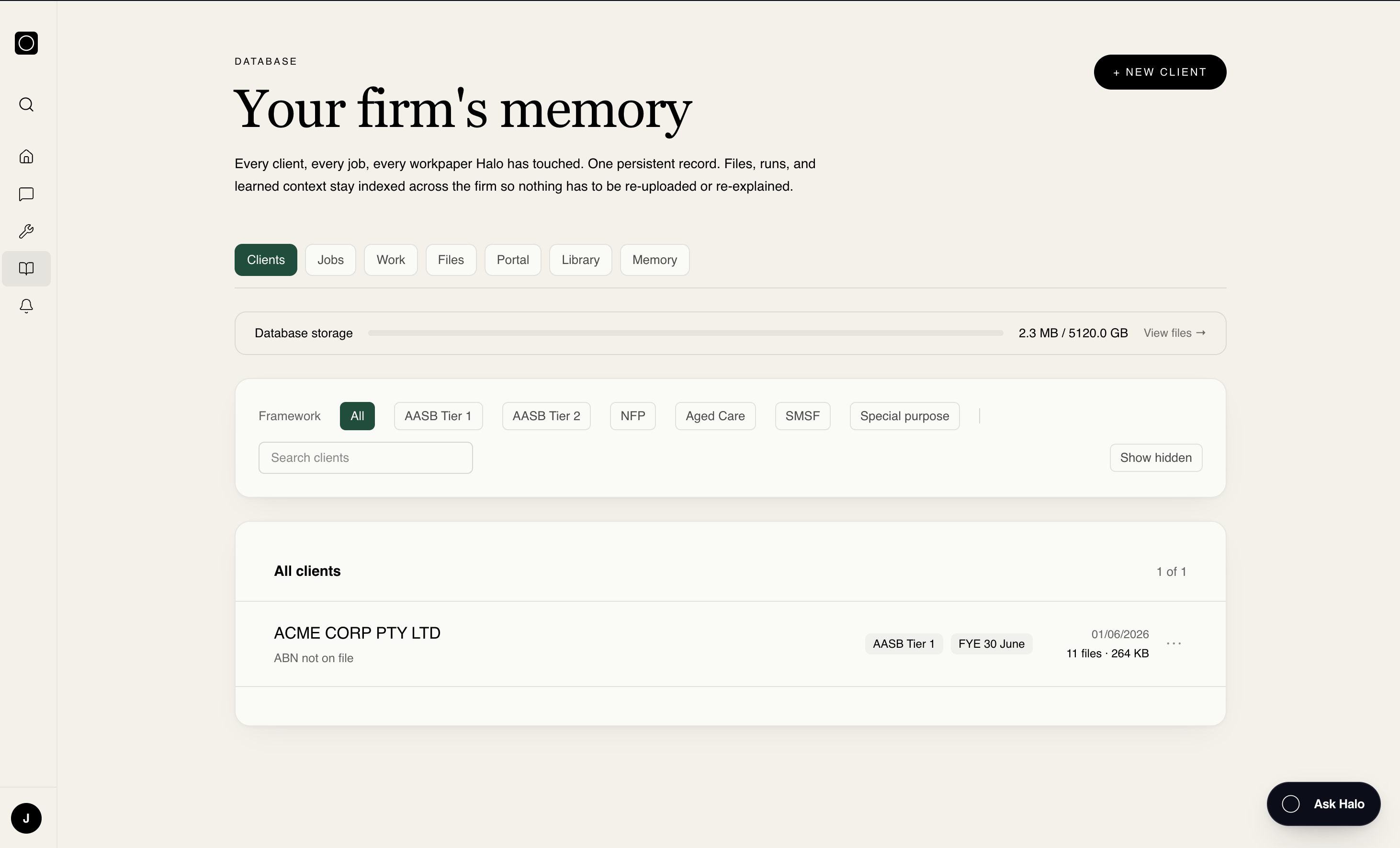 Halo Database showing a firm's clients, indexed files, and storage usage