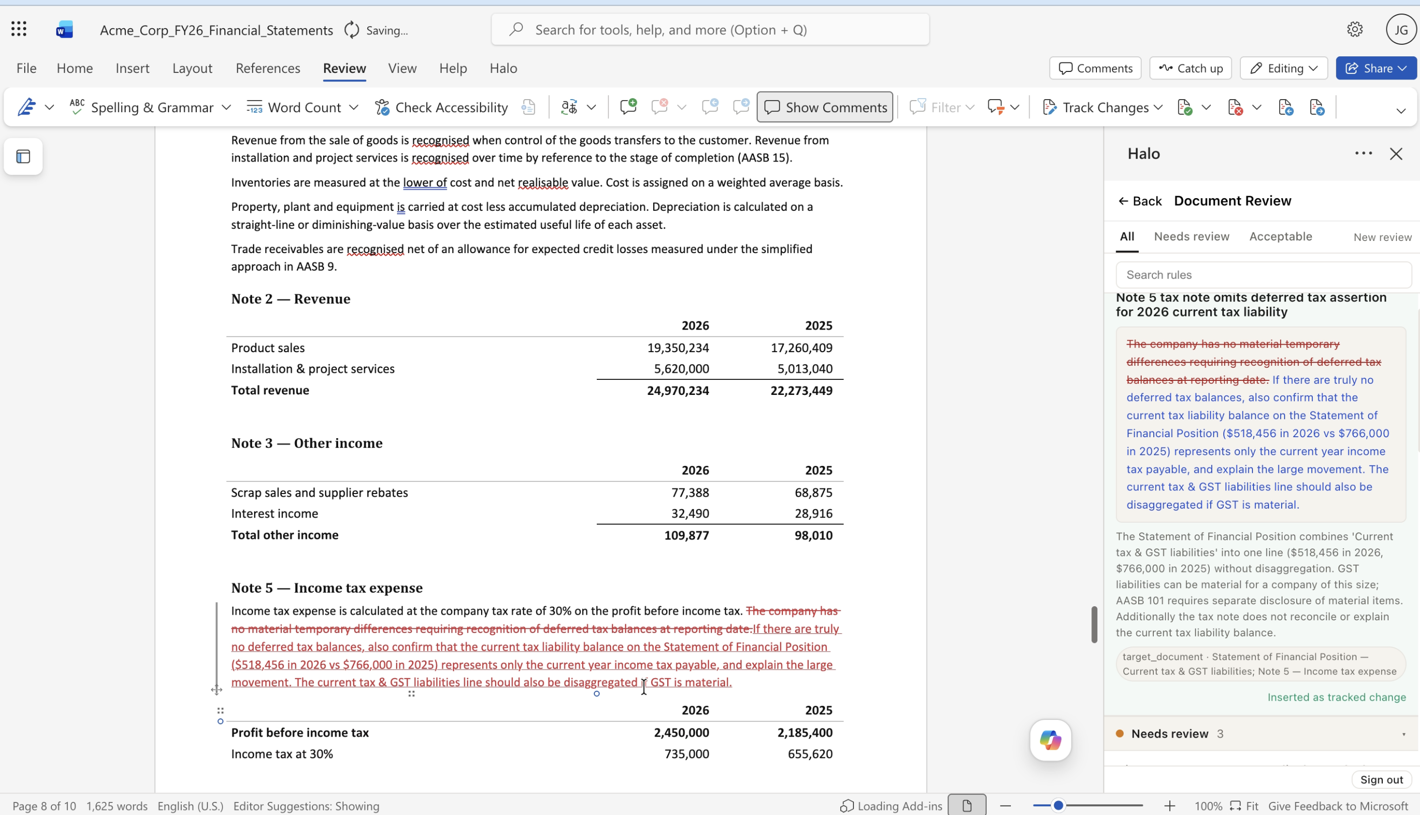 Halo Document Review inside Microsoft Word flagging a deferred tax disclosure and inserting a tracked change