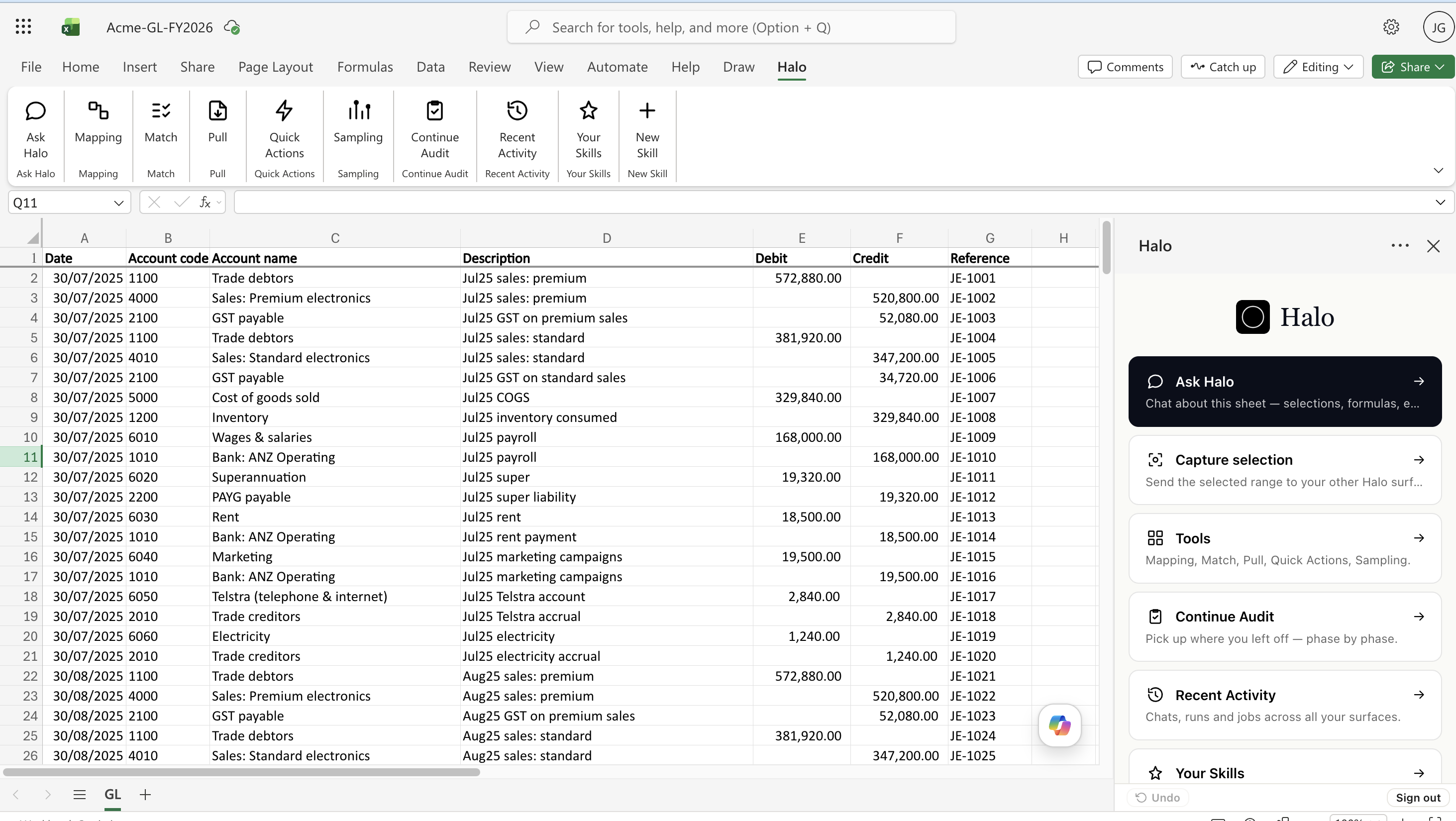 Halo ribbon and panel inside Microsoft Excel