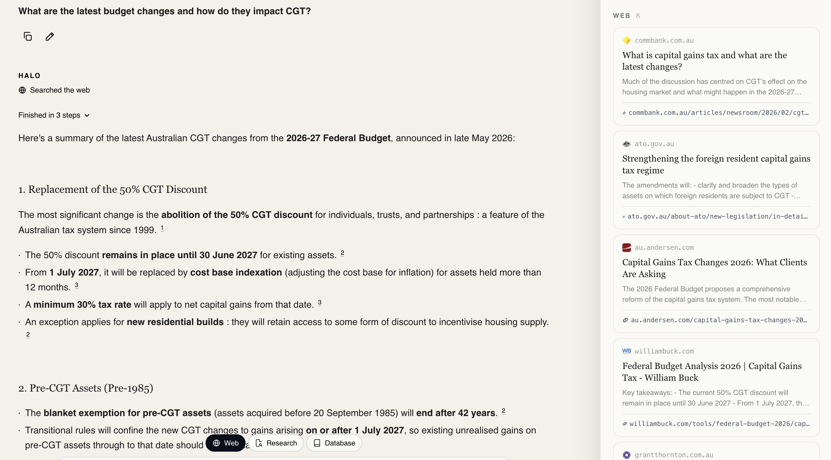Halo searching the open web and returning a cited answer on the 2026 federal budget CGT changes